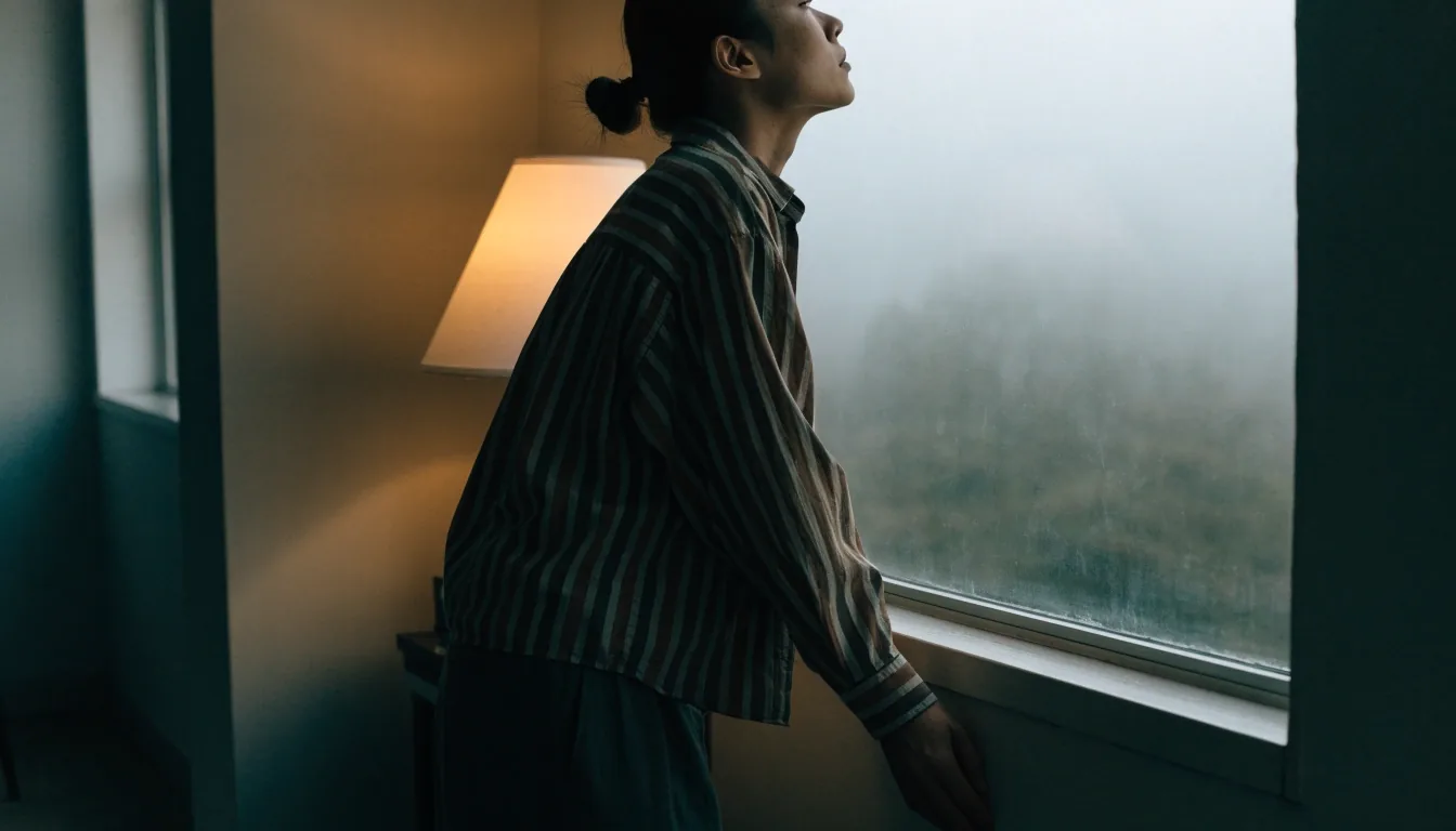 A person reading at a table in a fog-lit shared study room, phone face-down beside the page