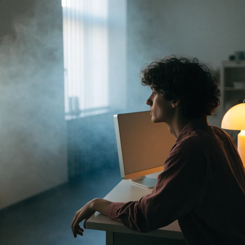 A person seen from behind at a laptop, screen a soft glow with no readable interface, in fog-lit room