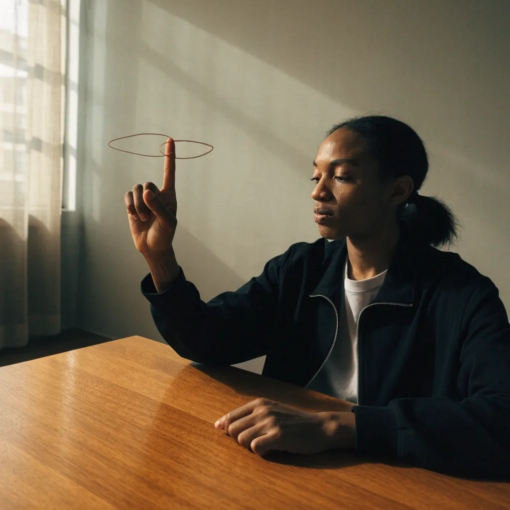 Hands resting on a matte desk beside folded glasses and a small penlight in daylight