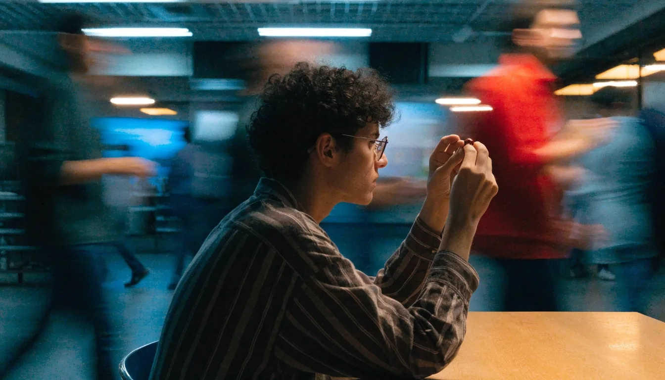 A person holding one visual task steady while blurred movement fills the background of a busy room