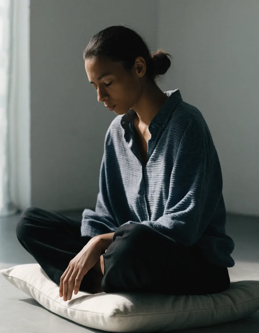 A person at a plain desk holding a quiet interval of focused attention in soft daylight