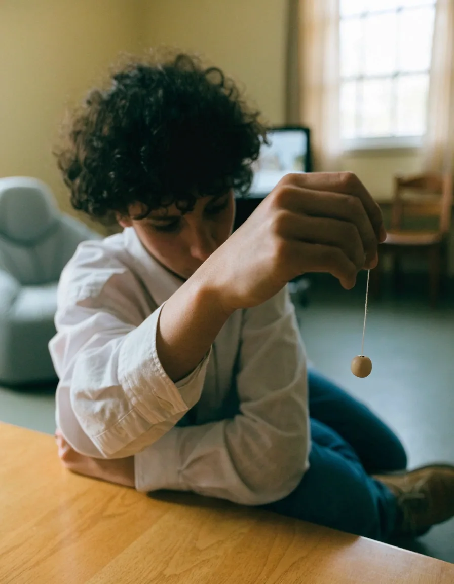 A fixation bead on a taut string held up against a soft grey wall in daylight