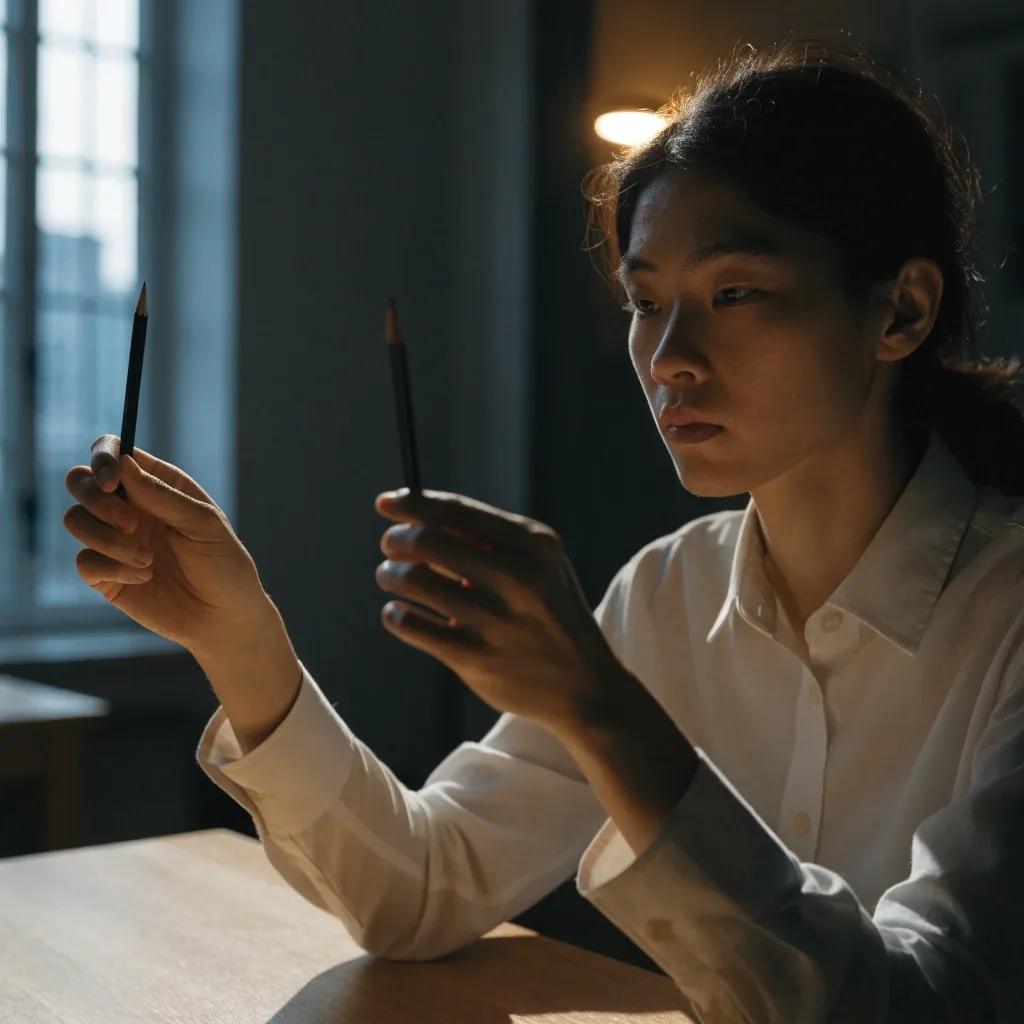 A pencil held at arm's length in front of a soft-focus person during a convergence drill