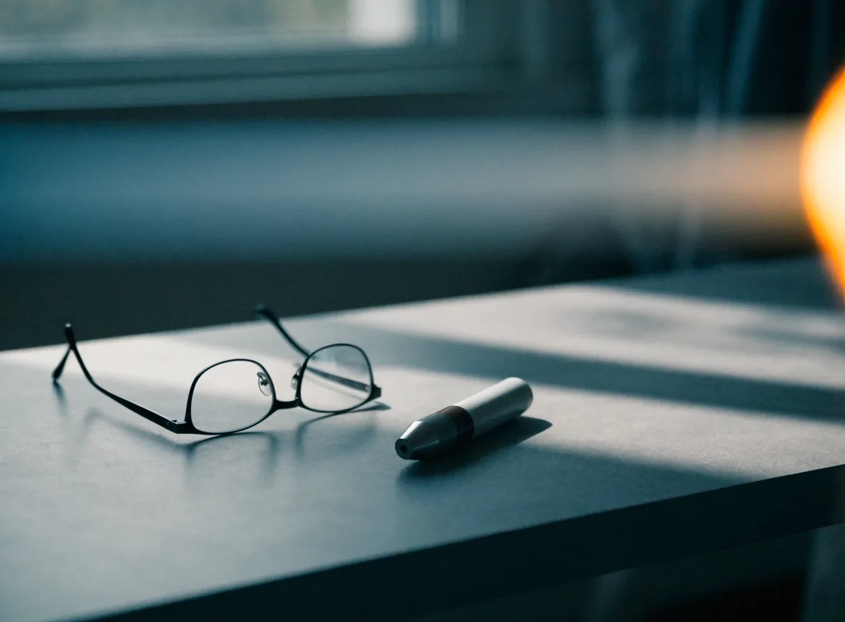 Eyeglasses and a small penlight on a matte table in cool daylight