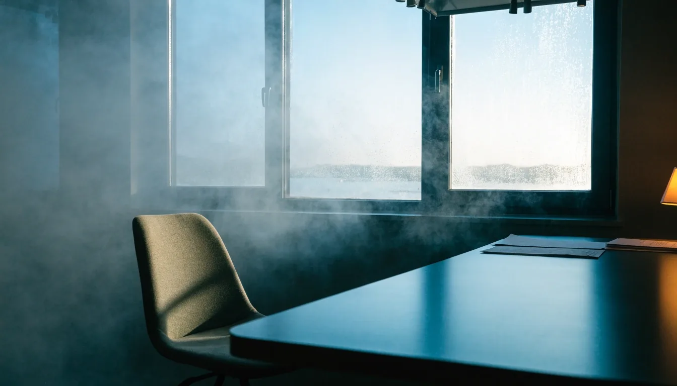 Quiet consultation room with an empty chair, cool window light and one warm lamp at dawn