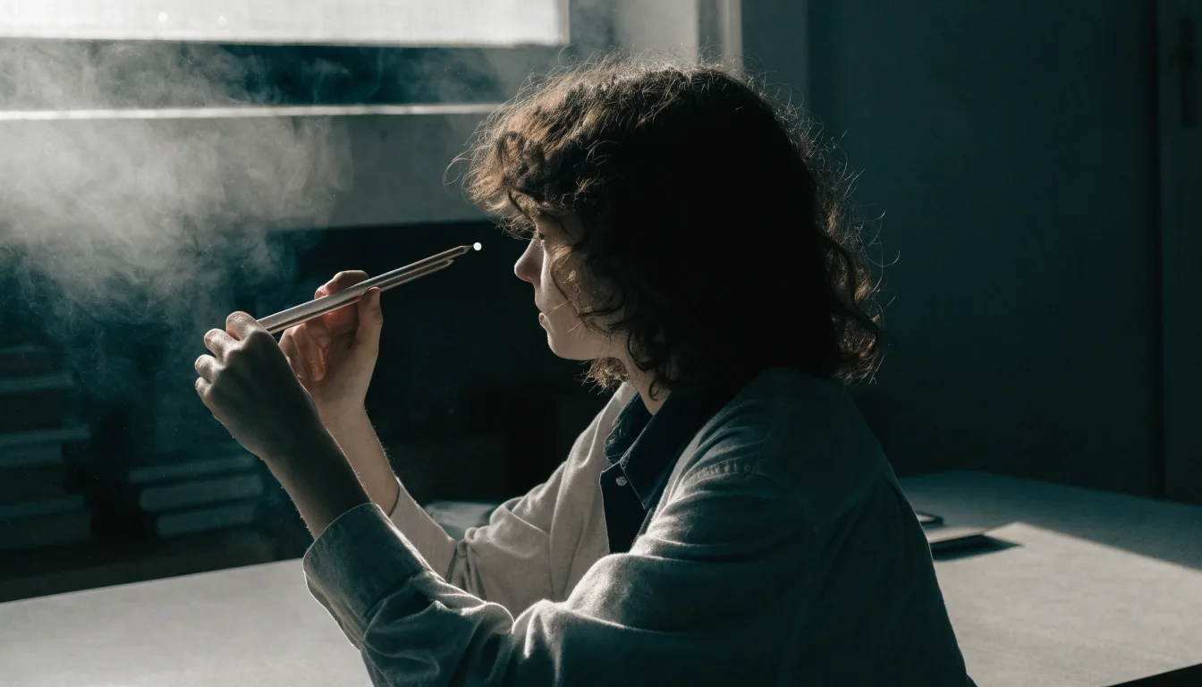 A matte grey worktable with crossed pencils and a fixation bead in fog