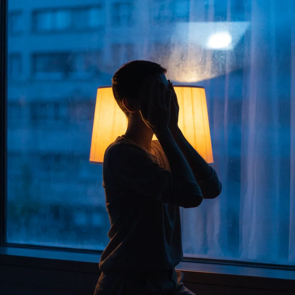 A person working at a laptop in a fog-lit room, seen from behind in silhouette with the screen glowing as an unreadable bloom