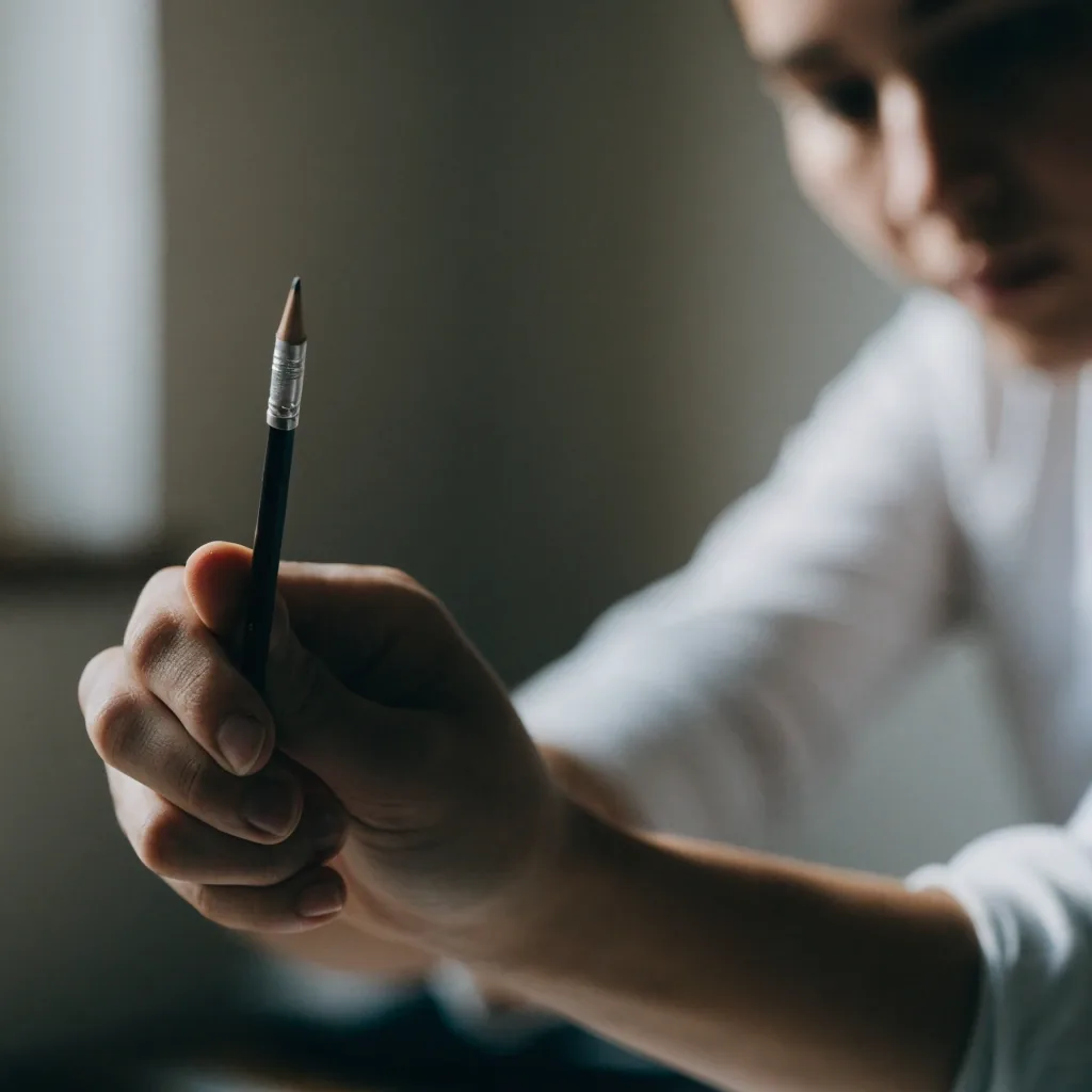 Hands holding a pencil at arm's length during a near-far focus drill, seen over the shoulder with the face out of focus