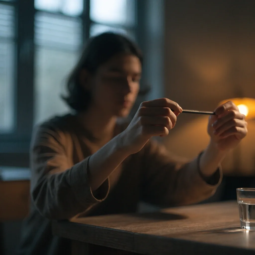 Hands holding a pencil at arm's length during a near-far focusing drill, dim room with a warm lamp at the edge of frame