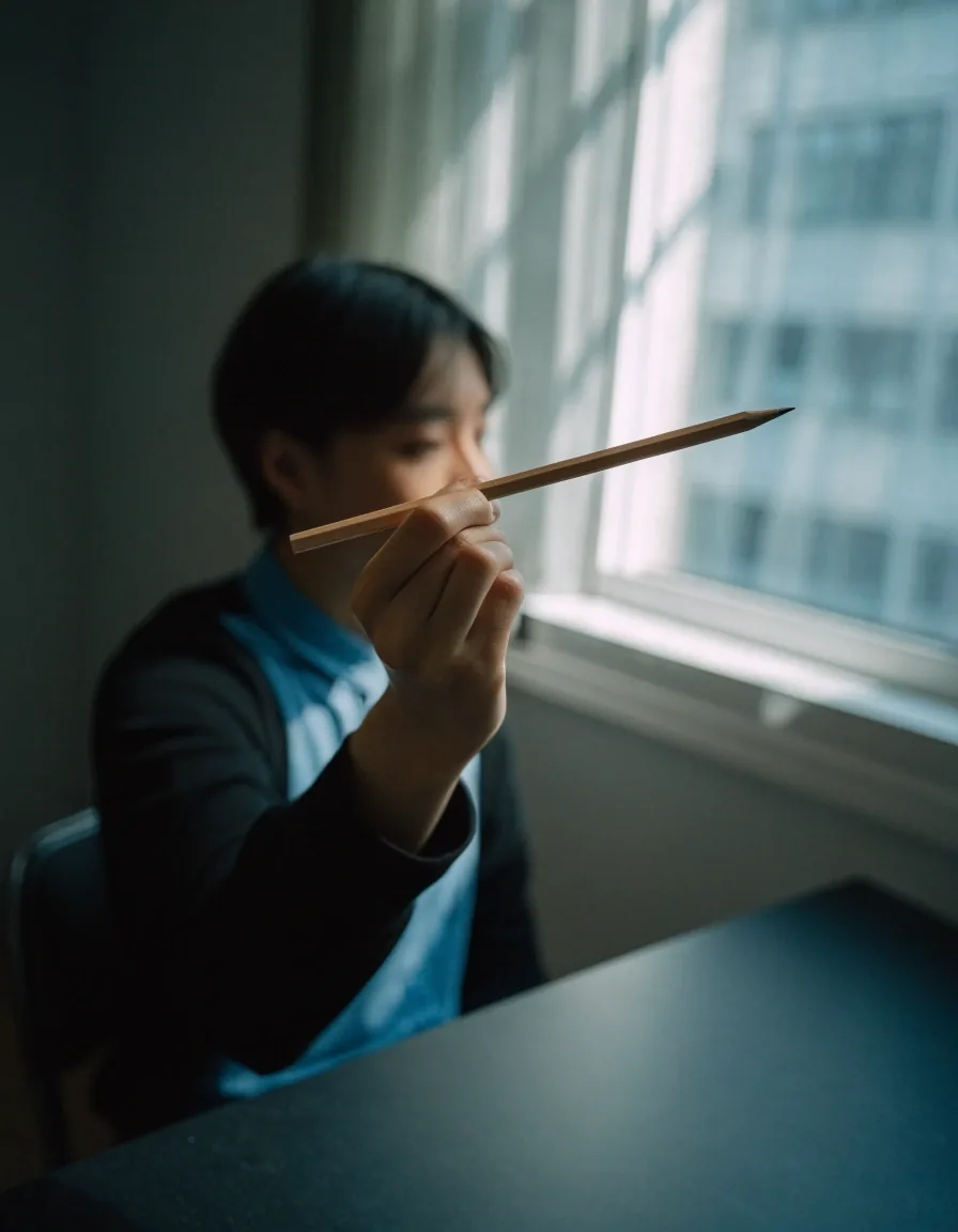 Macro view of a pencil tip held close to a softly blurred face in dim fog