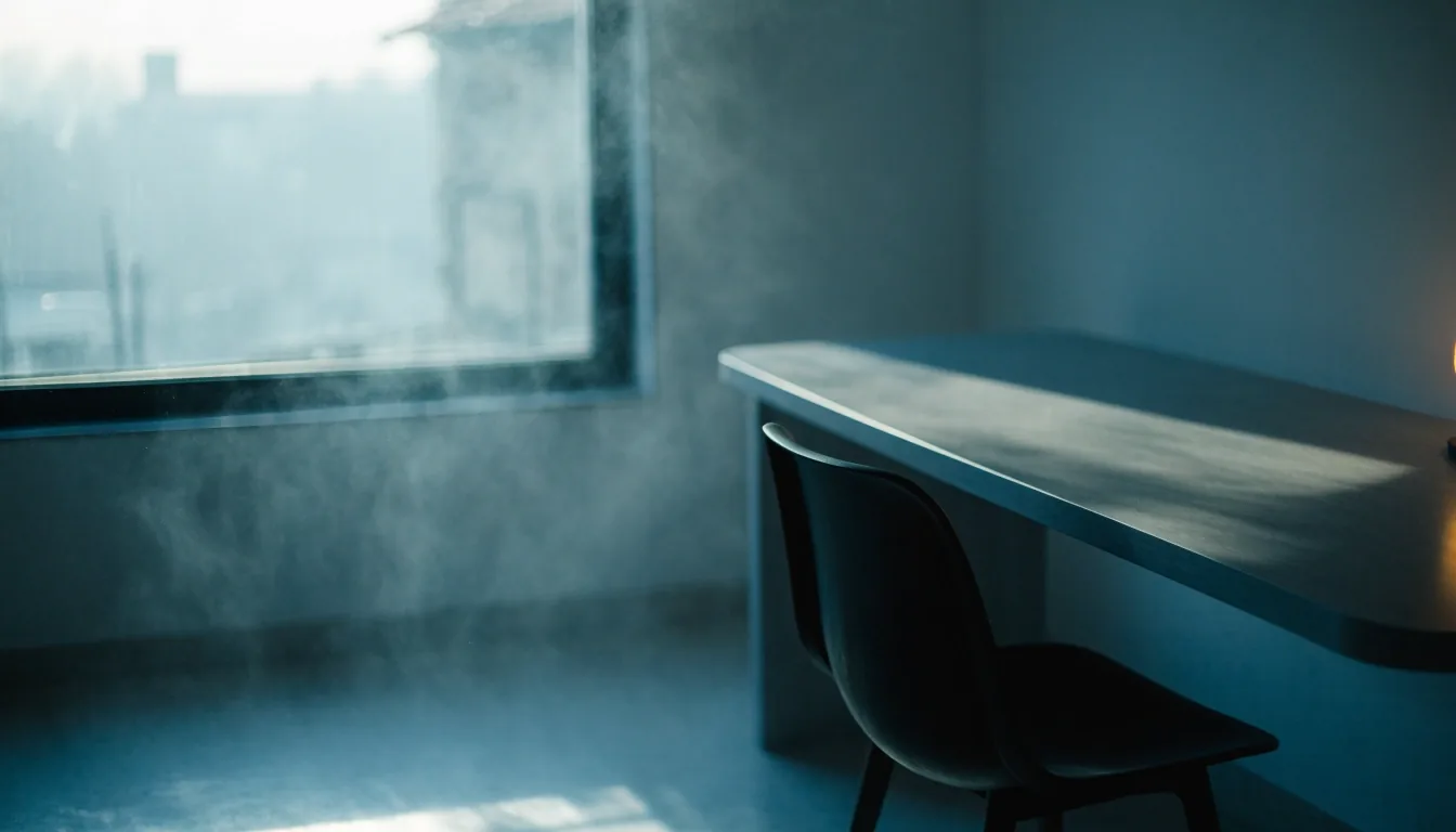 Quiet consultation room at dawn with a chair, worktable and cool window light