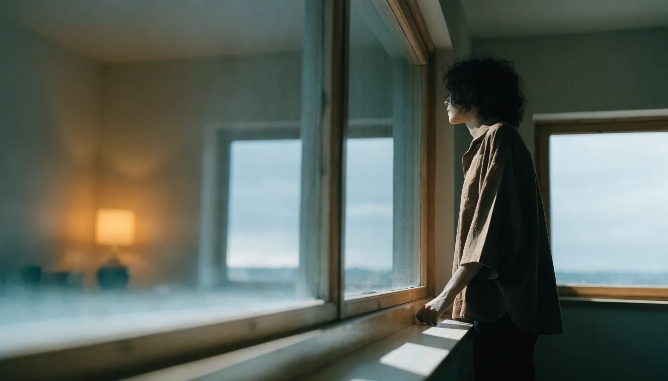 A person at a desk looking away from a laptop toward distance through a daylight window