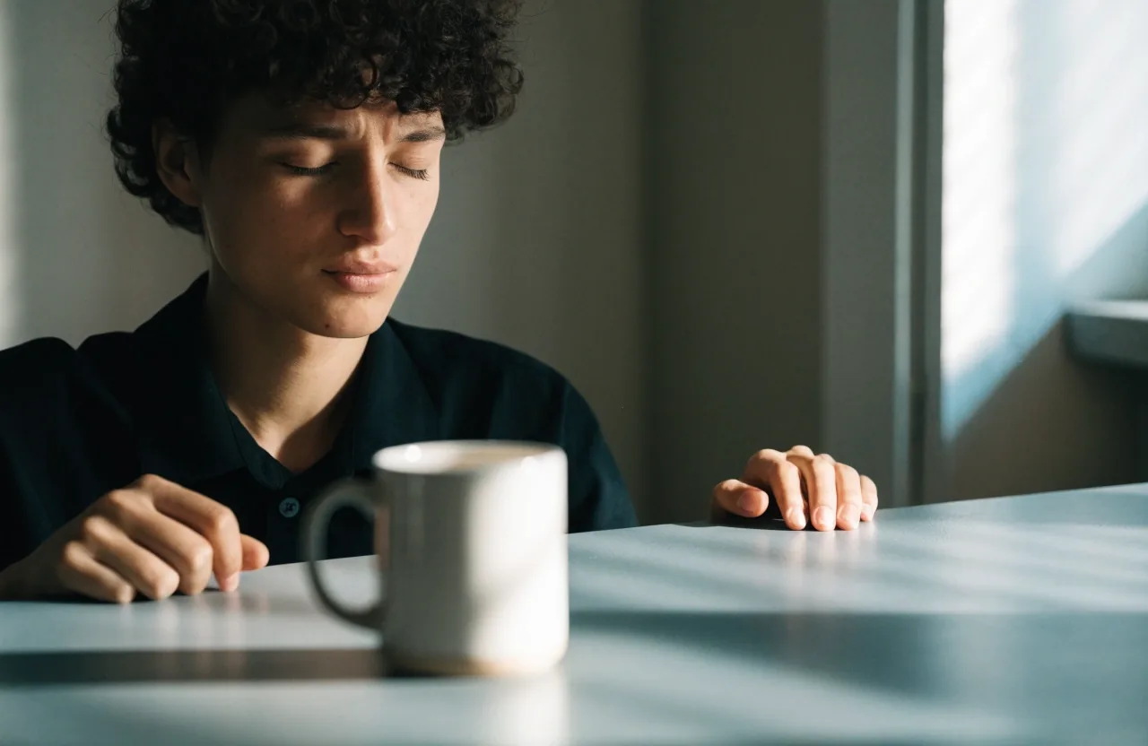 A person at a desk with eyes closed in a deliberate blink break