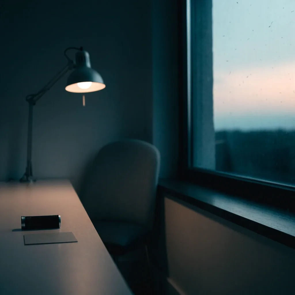 A quiet eye clinic room at dawn with an empty chair, warm lamp, and a matte table with a penlight