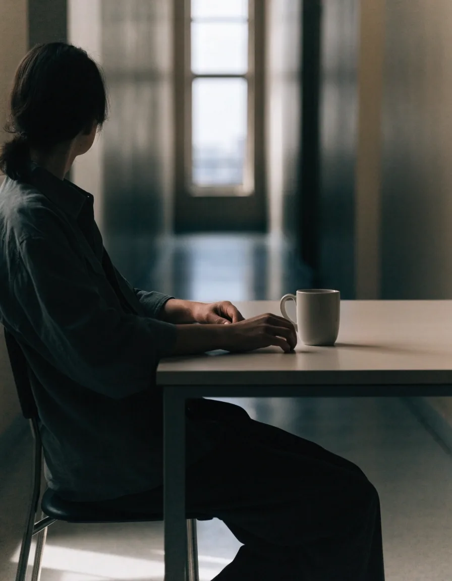 Hands resting on a desk as the person looks toward a distant bright window and corridor