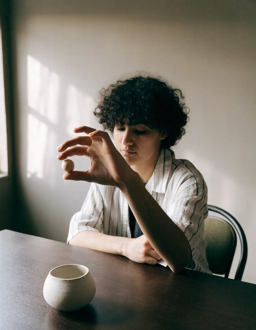 Fingertips holding a fine pencil at arm's length above a grey mat in a softly lit room