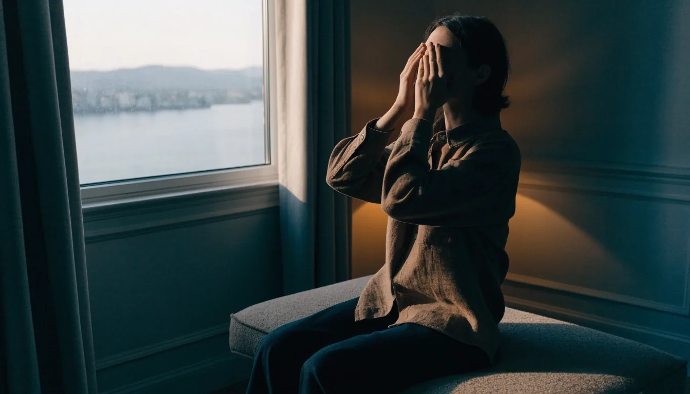 Reading glasses and a small penlight resting on a matte worktable by a dawn-lit window