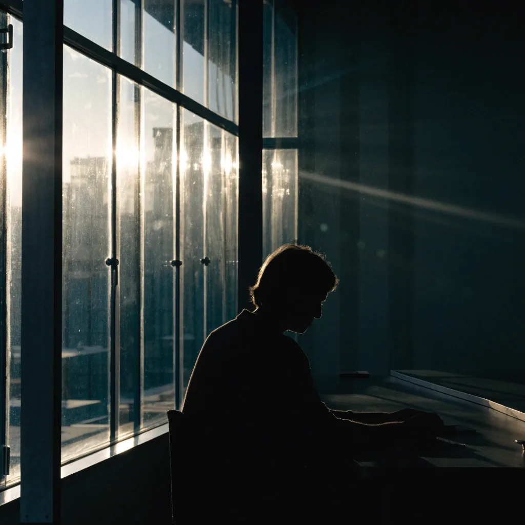 Silhouette of a person seated at a desk by a tall window in the early morning light